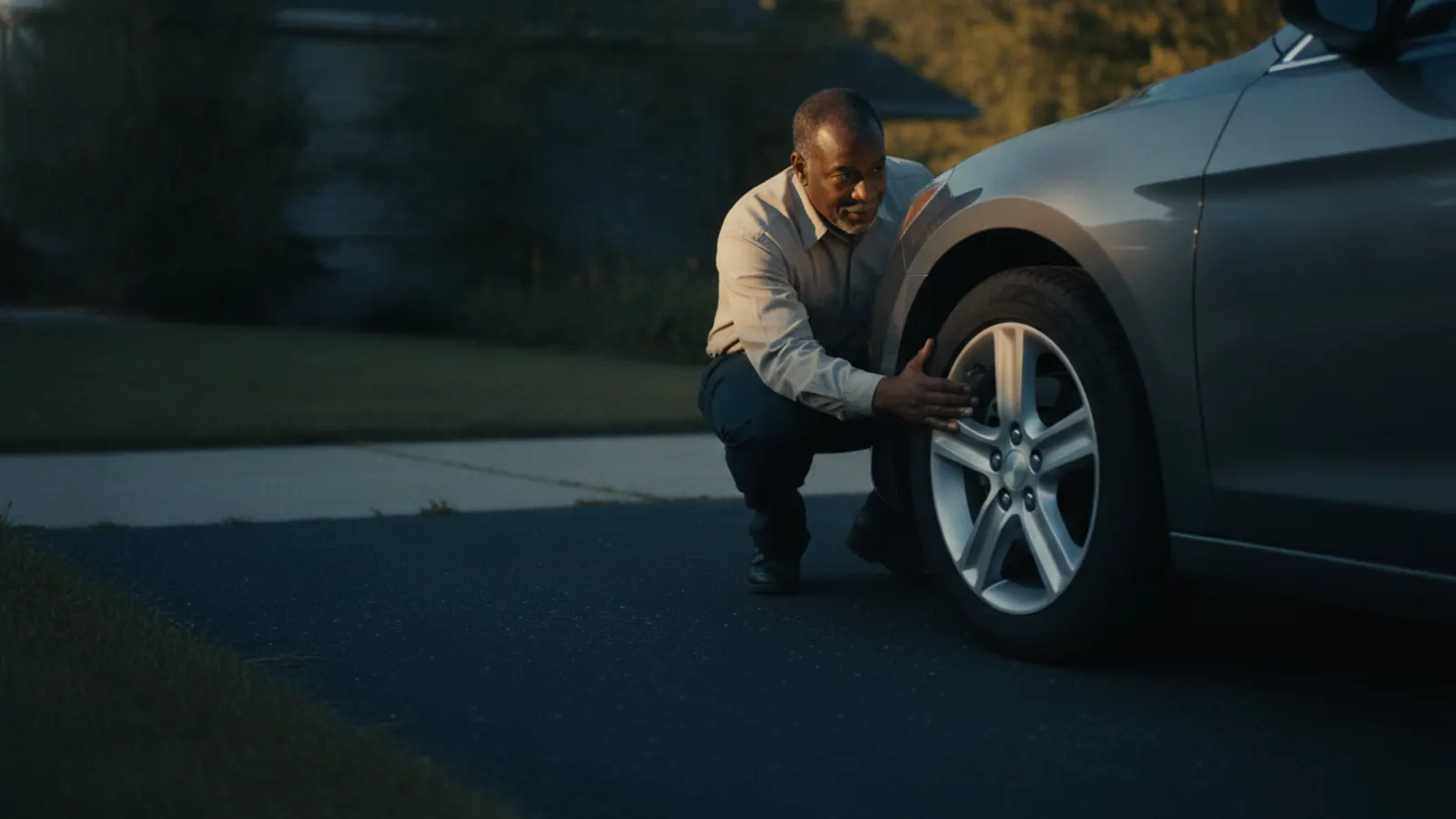 A man crouches at the front wheel of his parked car on the driveway in morning light, checking behind the rim.