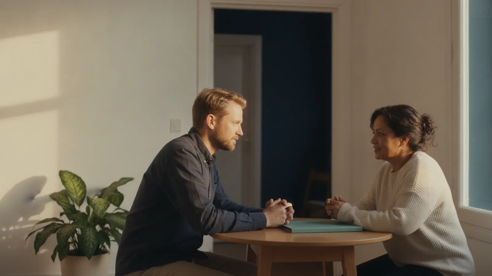 Two people talk across a small round table in a bright room, one closed folder between them.
