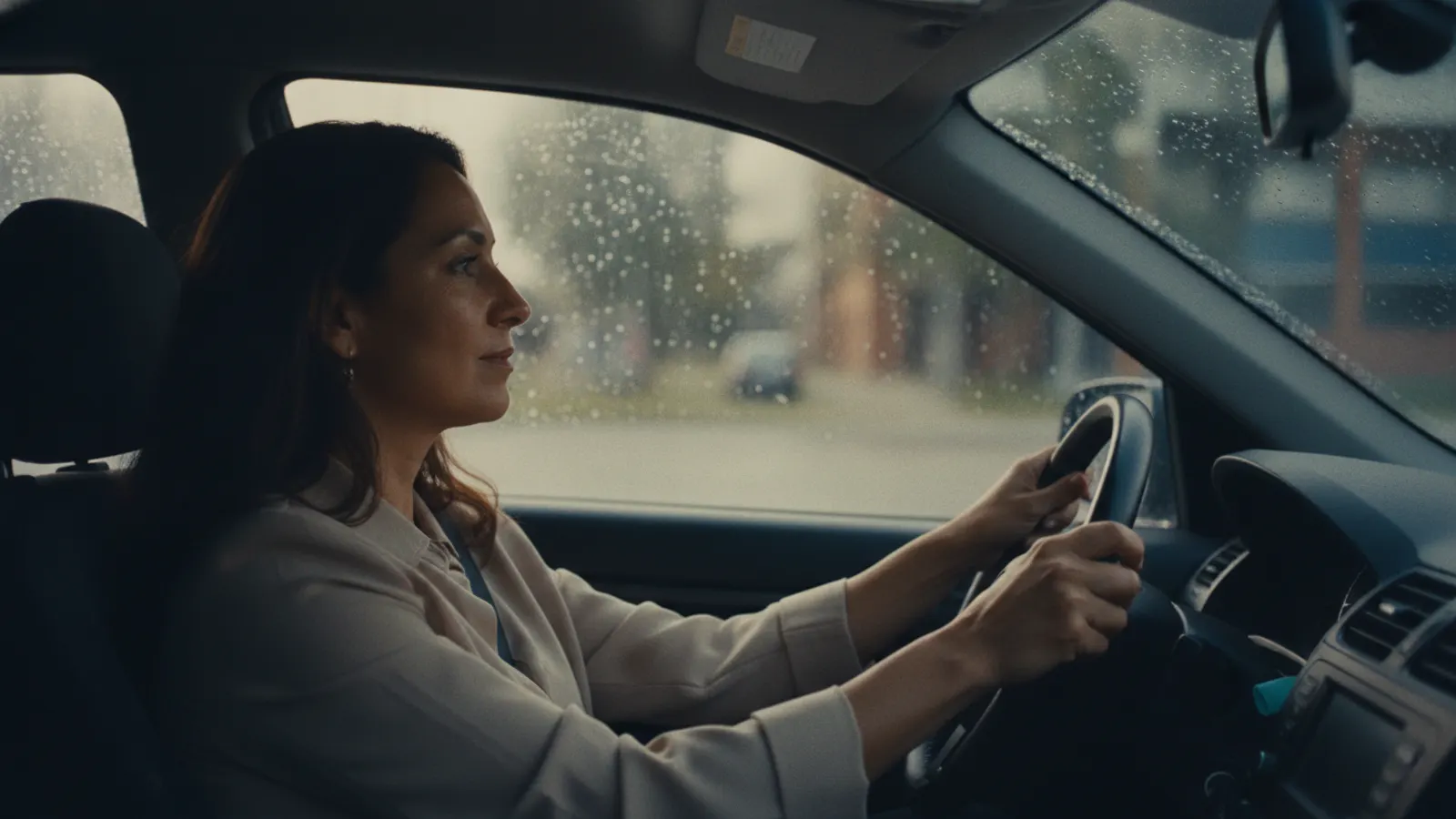 A driver in profile at the wheel in grey daylight, both hands on the wheel, rain streaming down the windscreen.