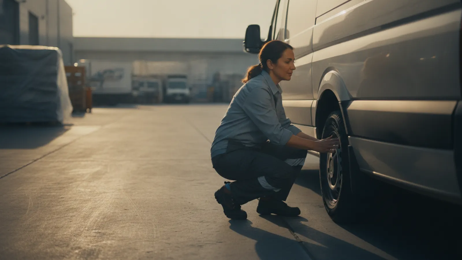 A mechanic crouches at the rear wheel of a plain van in a depot yard in morning light, one hand on the tyre.