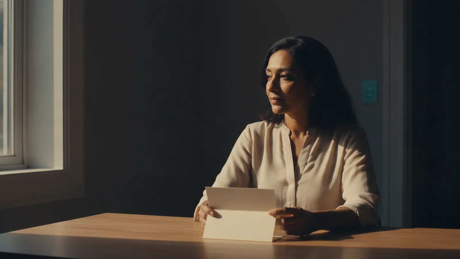 A woman sits at a plain office desk beside a window in warm afternoon light, a closed folder squared in front of her.