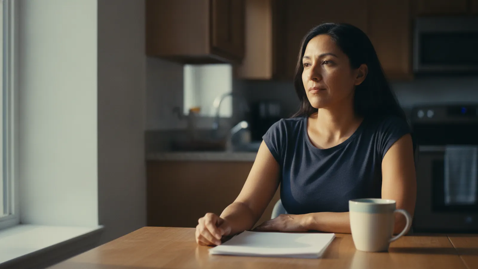 Una mujer sentada a la mesa de la cocina con luz cálida de la mañana, con unos papeles ordenados delante y una taza al lado.