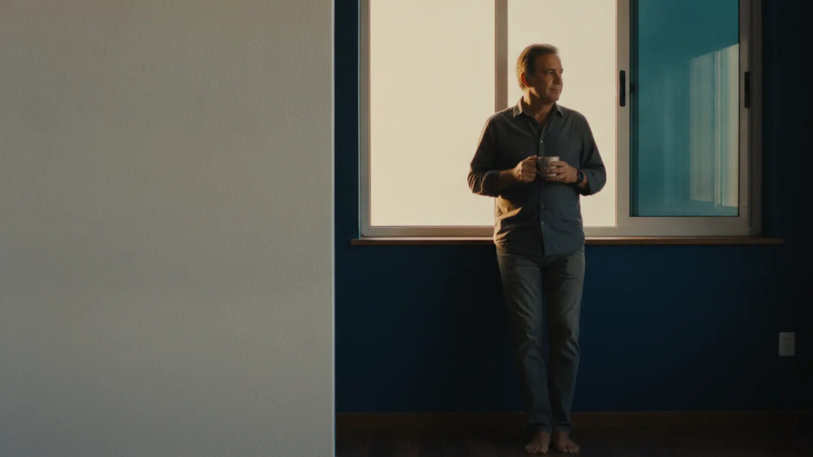 A man stands at a window in first light with a mug in both hands, a blank wall calendar hanging beside him.