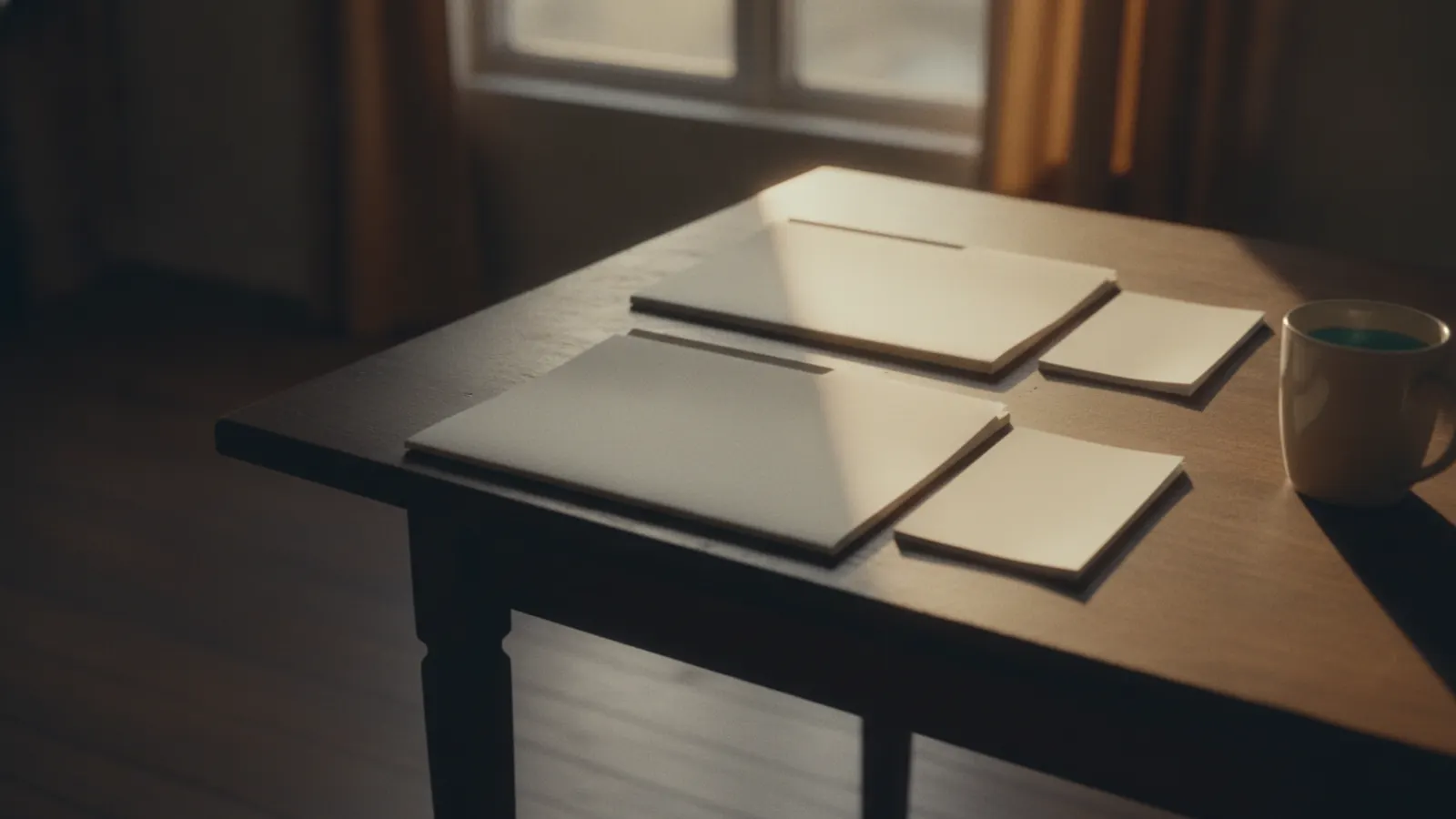 Two plain folders lie side by side on a bare wooden table in warm late-morning light, each with its own small stack of papers.