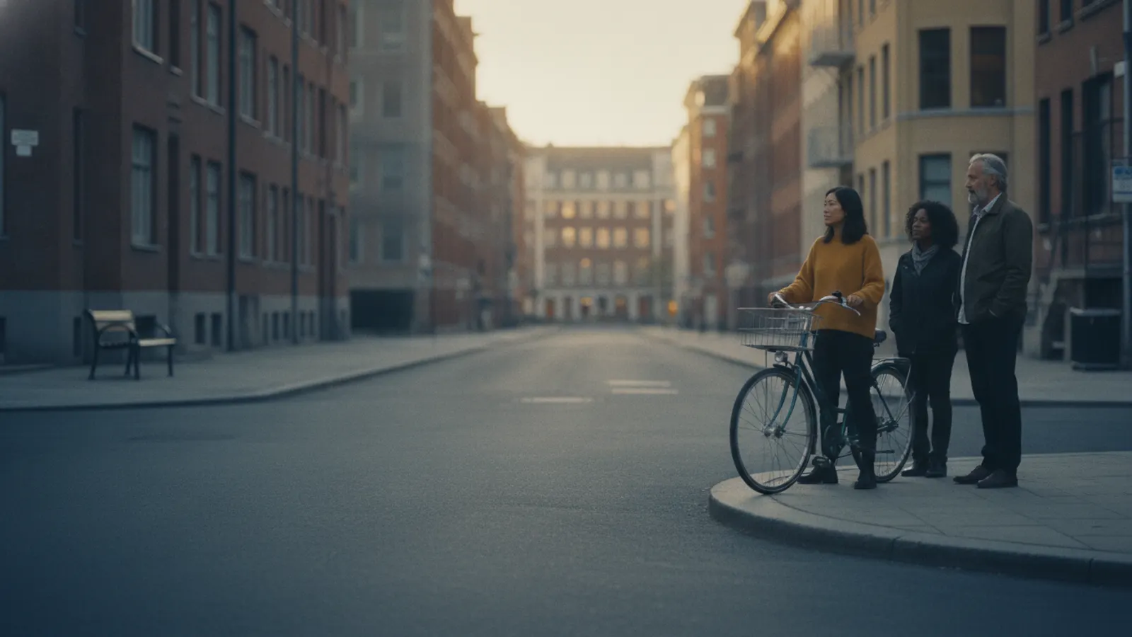 A cyclist and two people wait at the kerb of an empty city crossing in warm evening light.