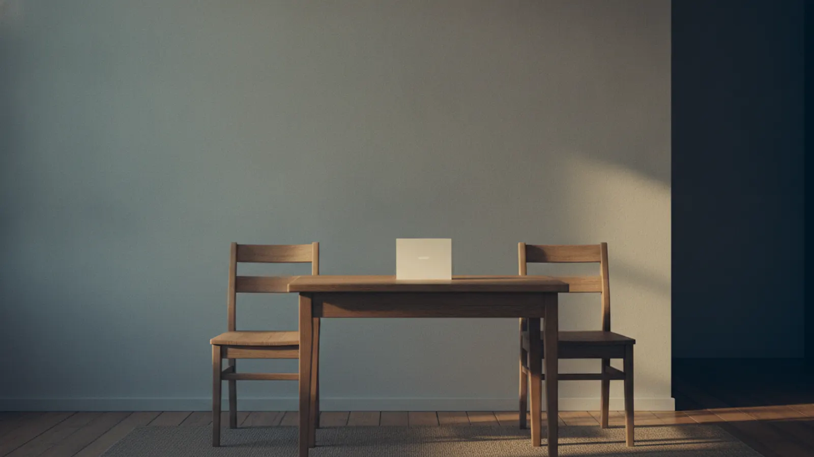 Two plain wooden chairs face each other across a bare table in a quiet room in warm afternoon light, one closed folder between them.