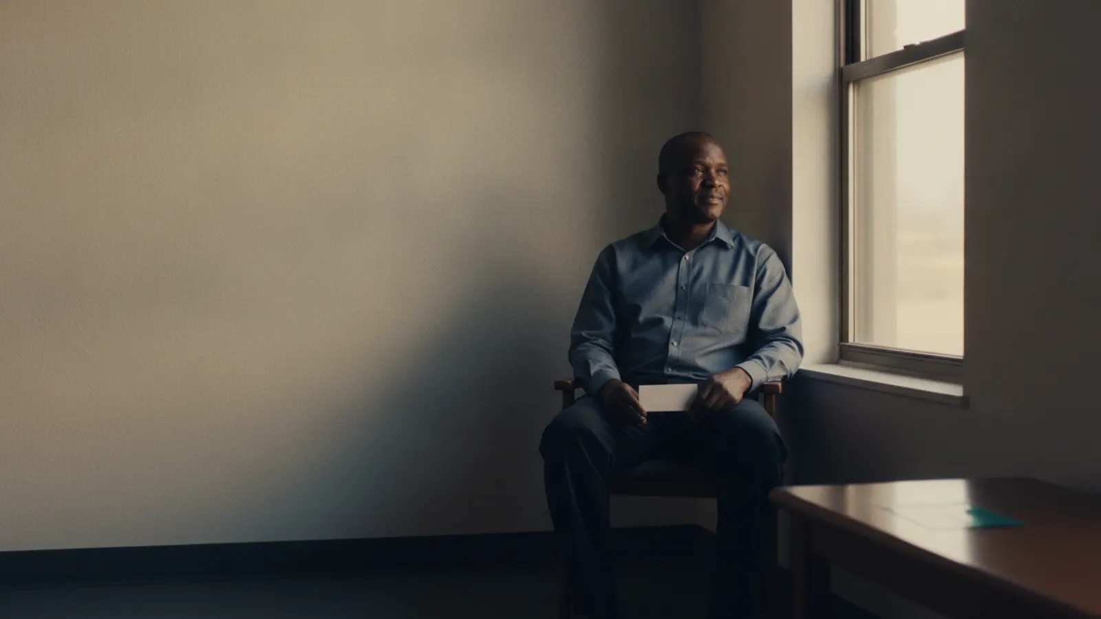 A man sits calmly on a chair beside a window in an ordinary waiting room, an appointment card held loosely in one hand.