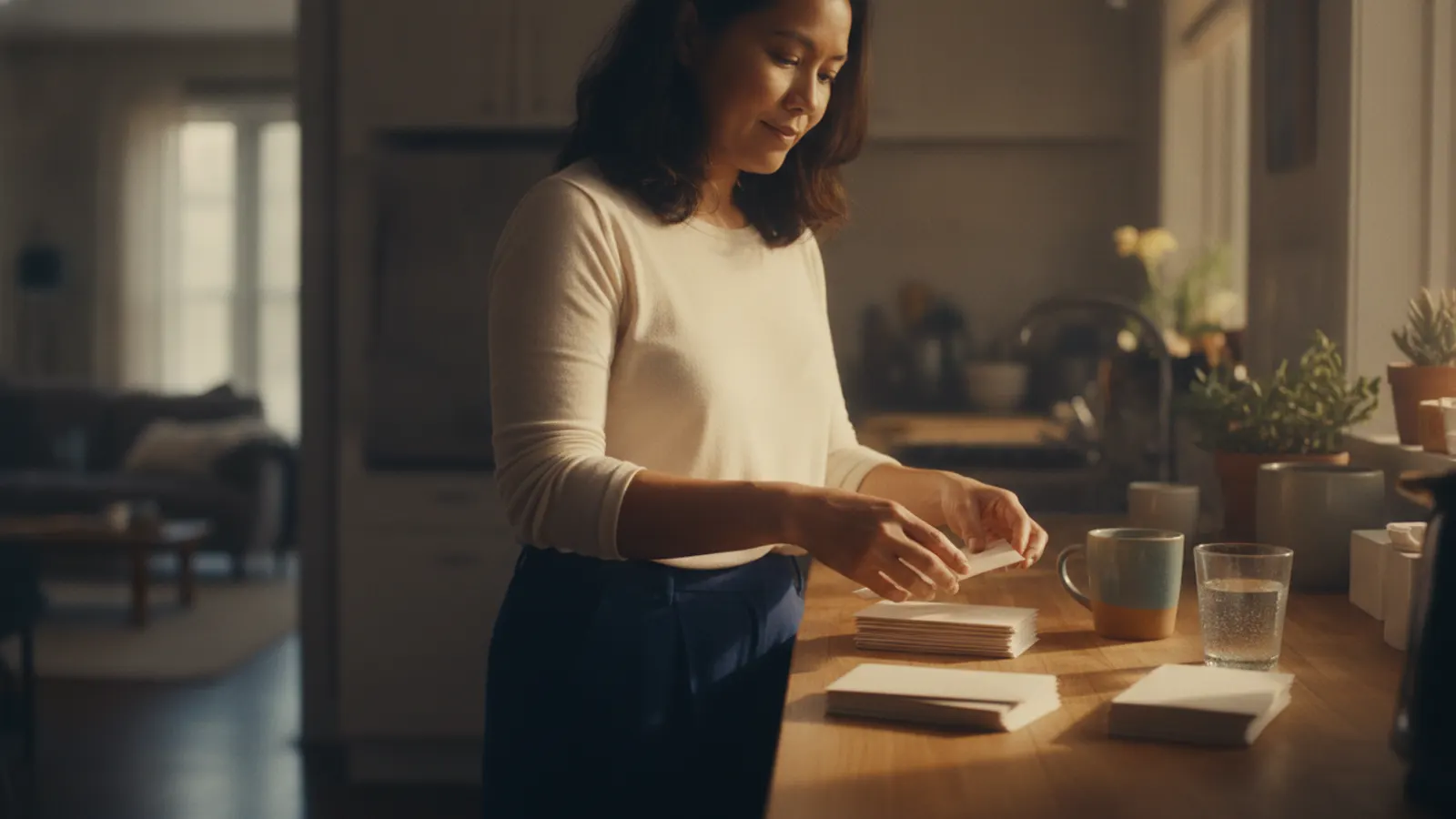 Una mujer en la encimera de la cocina, con luz cálida de la mañana, separa un pequeño montón de sobres en dos pilas.