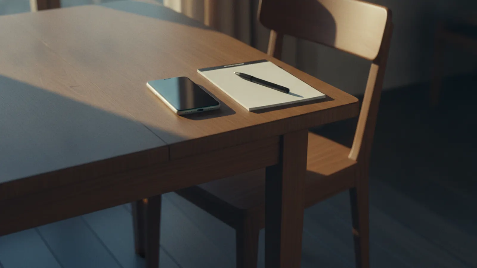Un móvil boca arriba sobre una mesa de madera con luz cálida, junto a un bloc en blanco y un bolígrafo, con la pantalla apagada.