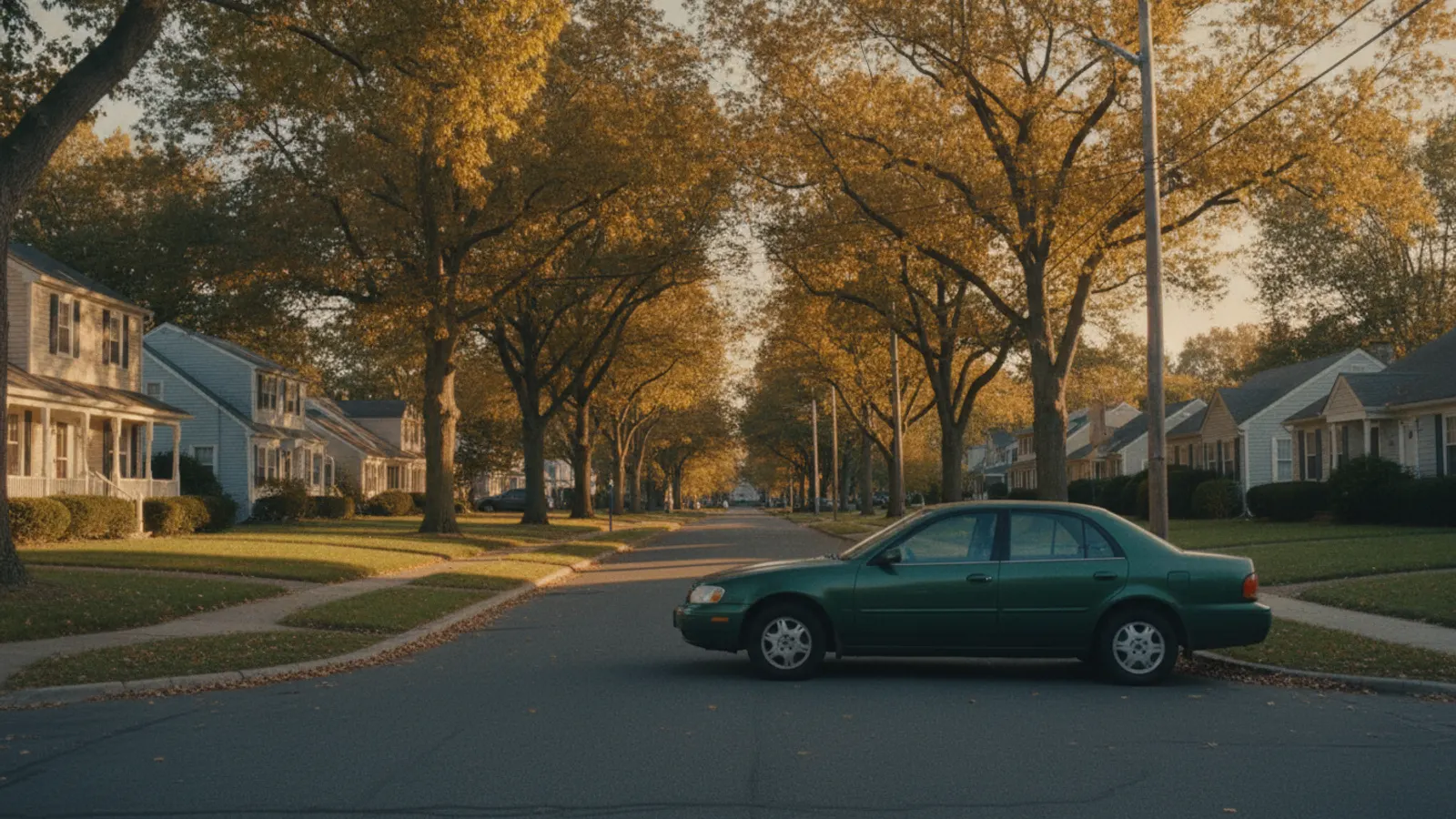 A suburban residential street in the United States at golden hour, with a car parked at the kerb.