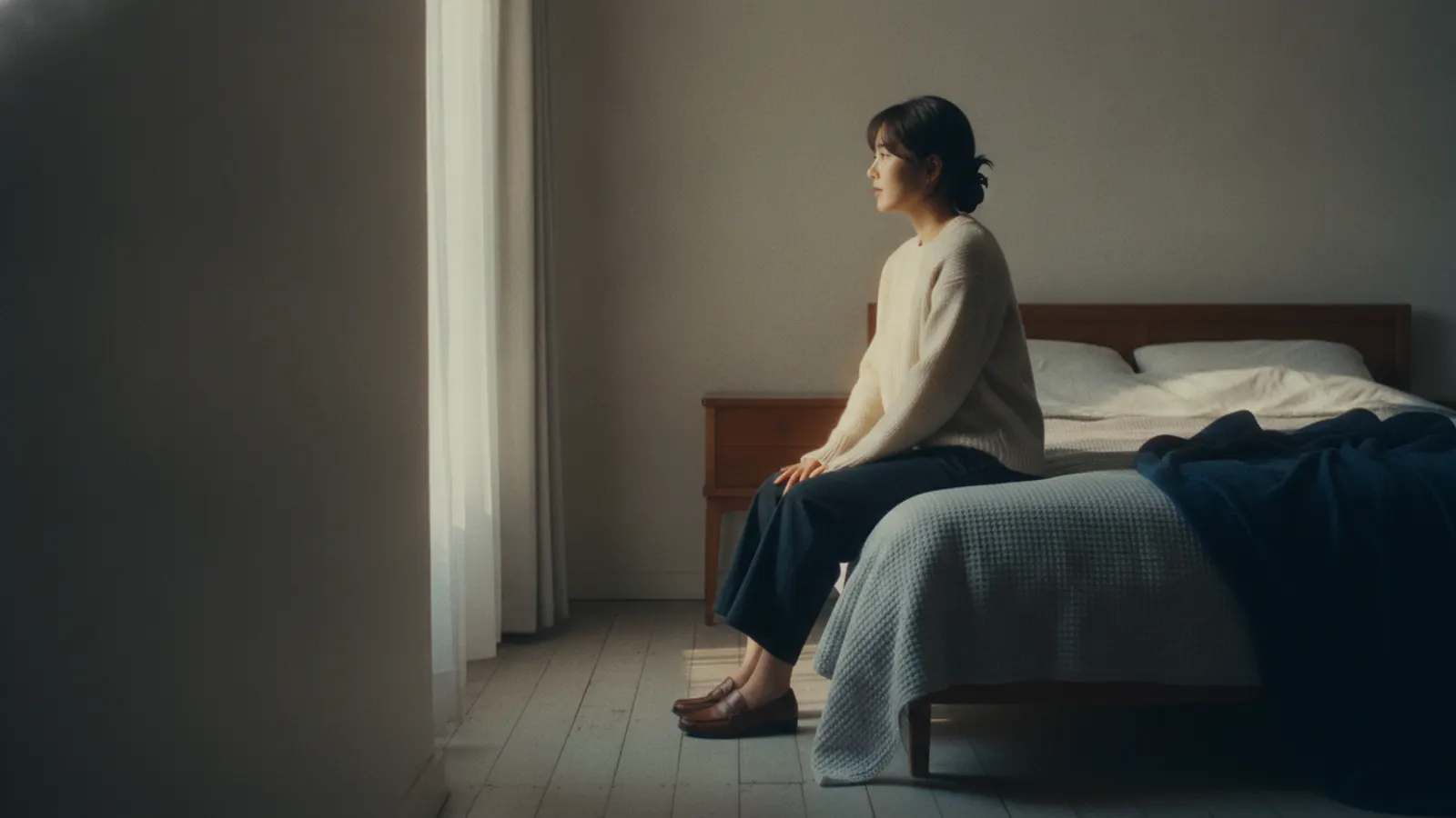 A woman sits on the edge of a made bed in warm early light, fully dressed, slowly rolling one shoulder as she looks out of the window.