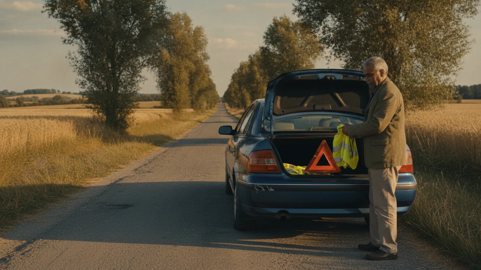 A man lifts a high-visibility vest and a folded warning triangle from the boot of his car on a quiet lane.