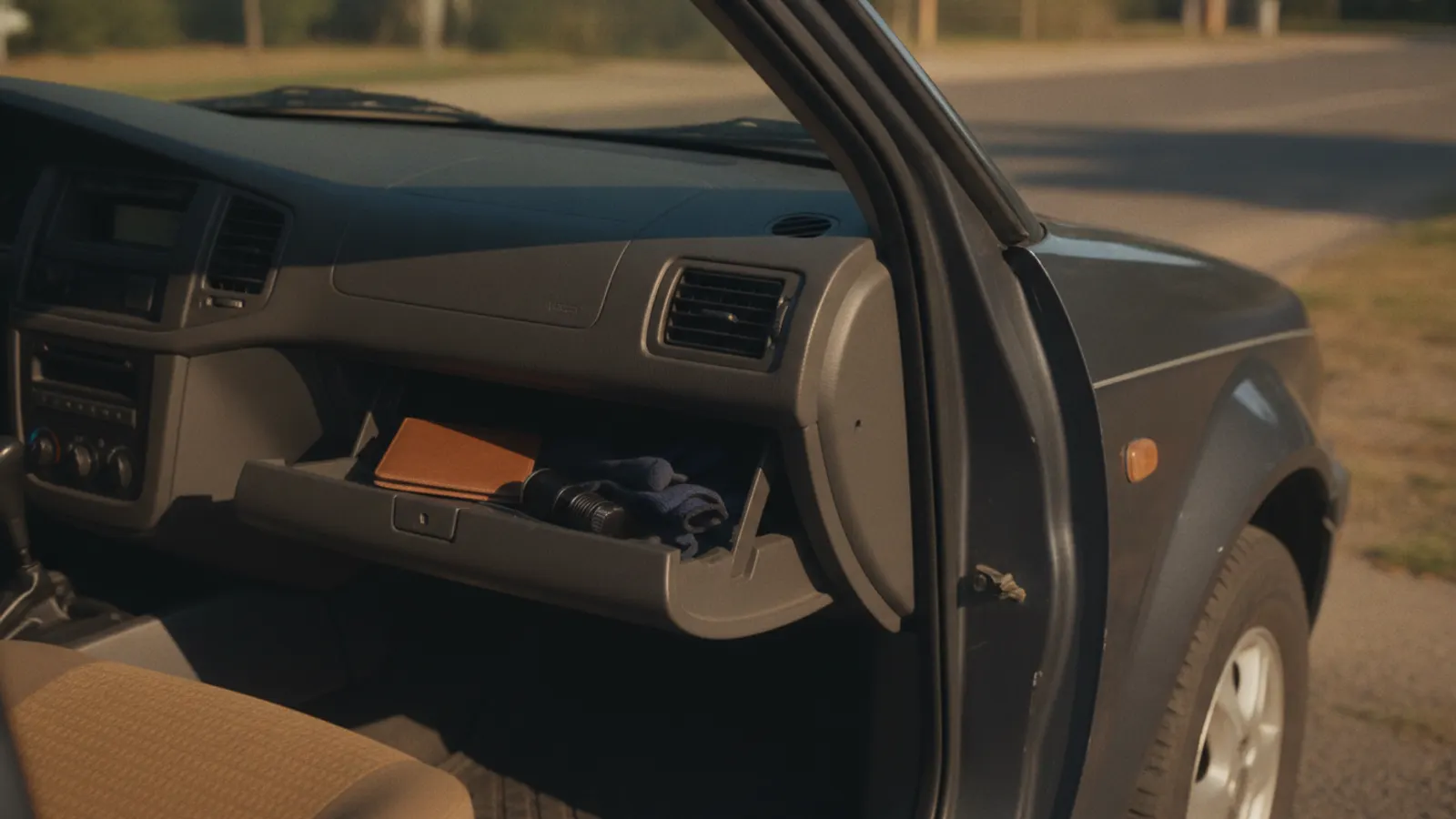 The open glovebox of a parked car in warm daylight, holding a plain card wallet, a small torch and gloves.