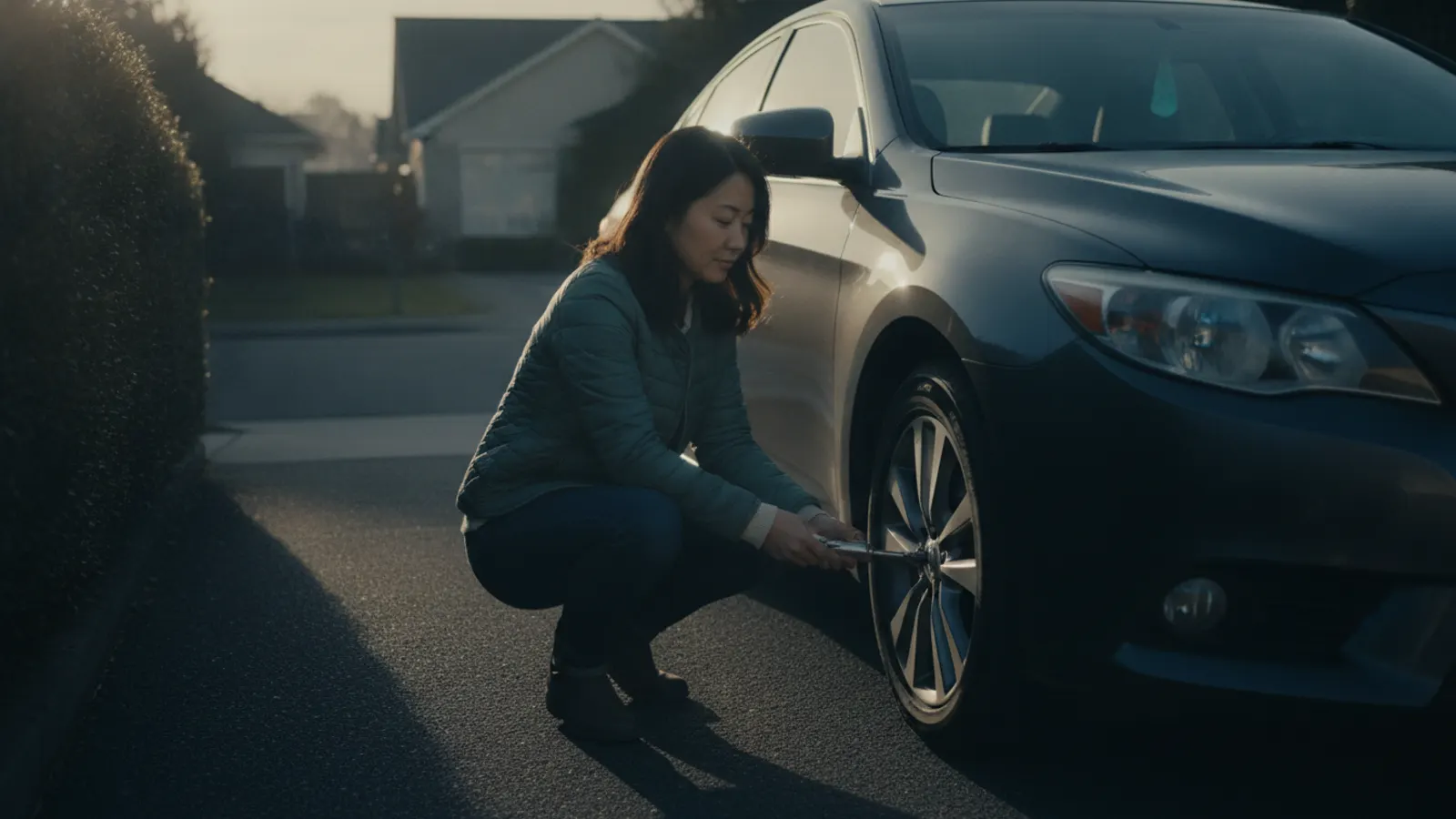 A woman crouches at the front wheel of her parked car in morning light, holding a pressure gauge to the valve.