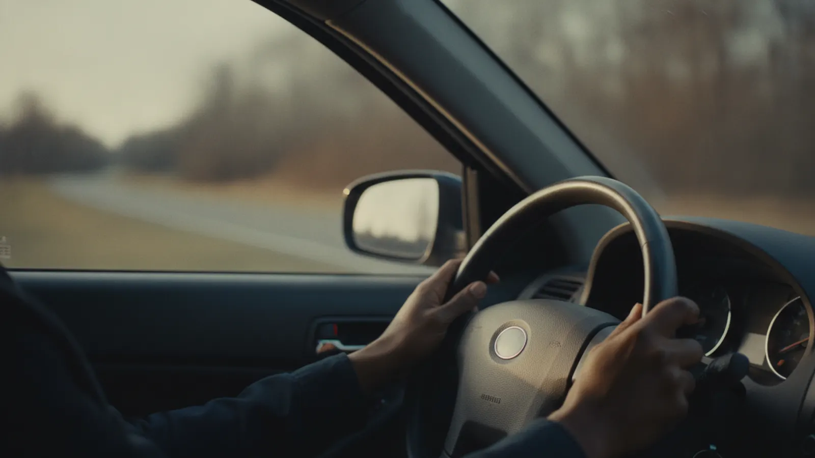 A pair of hands rest steady on a steering wheel in soft daylight, the road ahead out of focus.